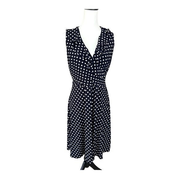 Chaps Sleeveless Navy V-Neck A-Line Polka Dot Business Casual Ruffle Dress‎ M - Picture 1 of 10